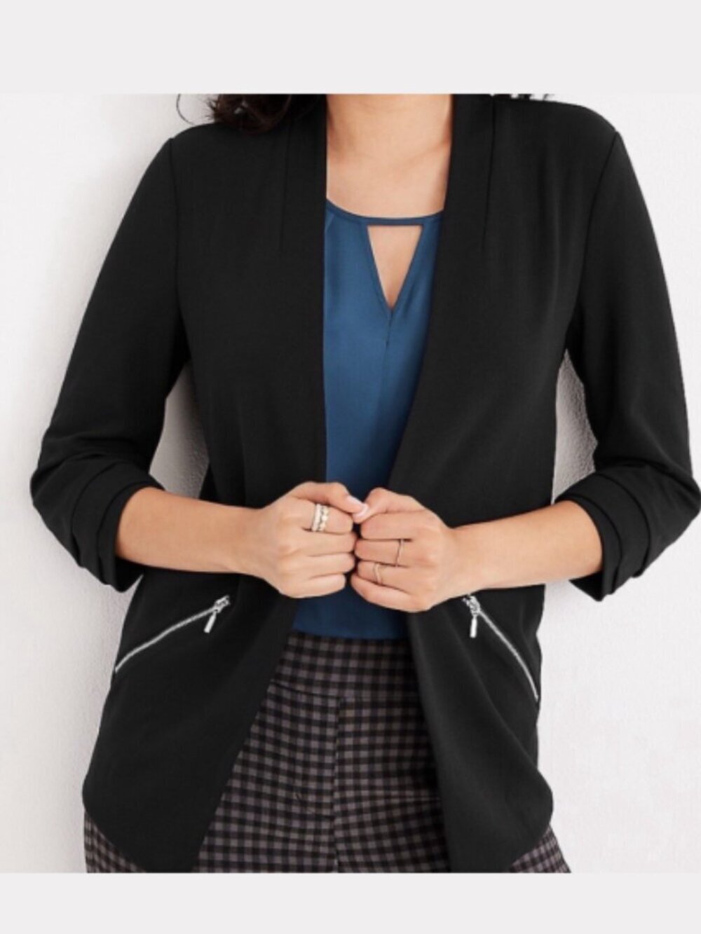 Maurices Black Open-Front Women's Blazer Jacket Ruched Sleeves Women's + Size 1X